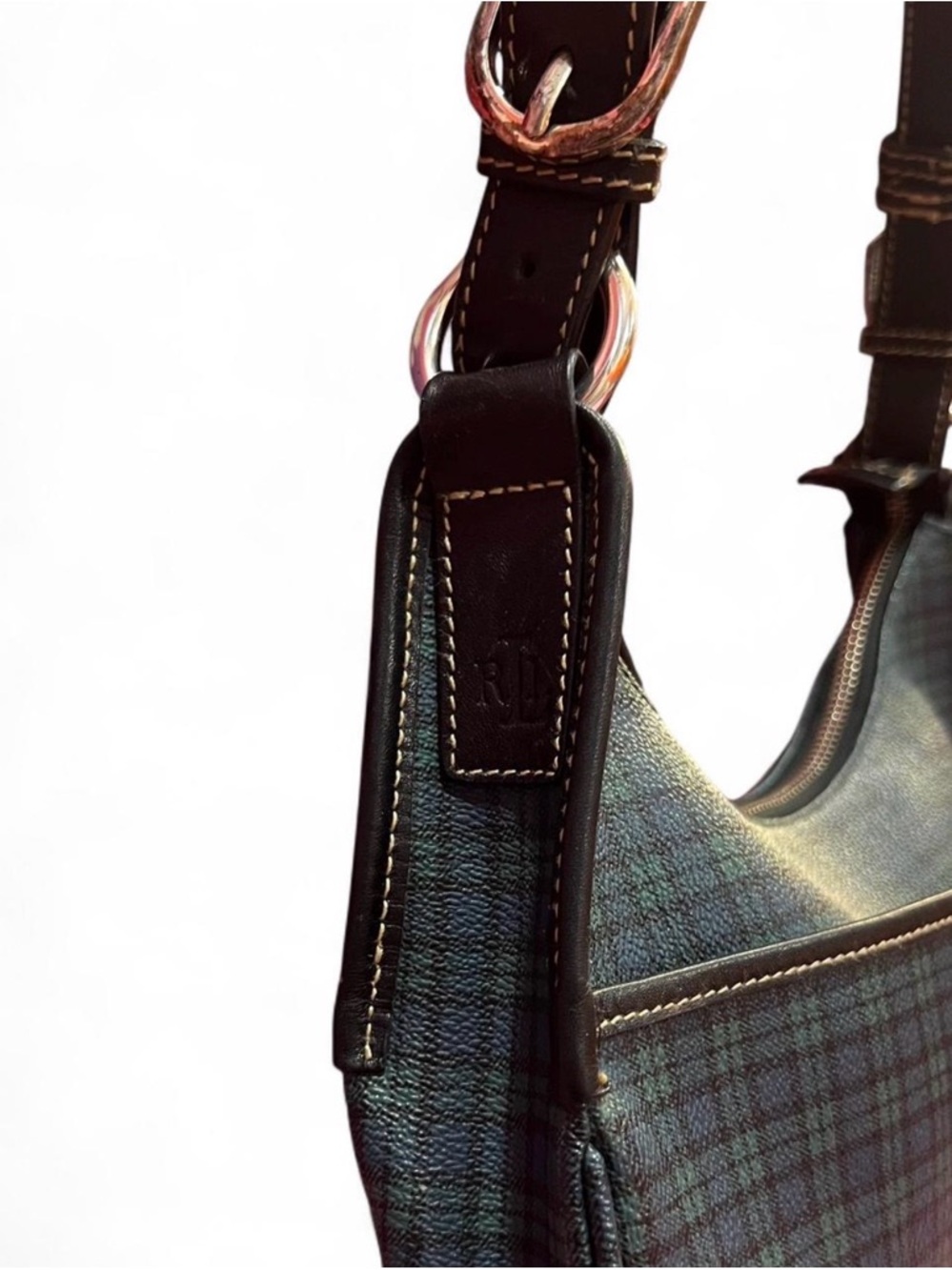 Vintage Ralph Lauren Plaid Leather Hobo Shoulder Bag Old Money Preppy - Picture 4 of 7